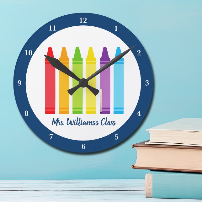 Cute Kindergarten Teacher Custom Crayon Classroom Round Clock (Creator Uploaded)