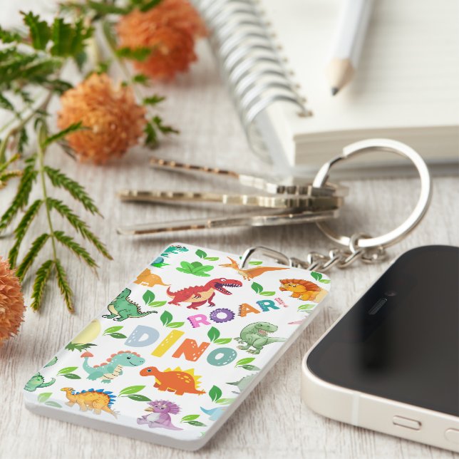 Cute Kinds of Dinosaurs Seamless Key Ring (Front Right)