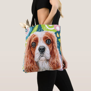 Cute King Charles Spaniel Colourful Flowers Tote Bag
