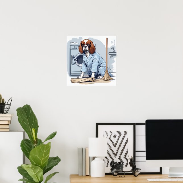Cute King Charles Spaniel in Pyjamas Doing Laundry Poster (Home Office)