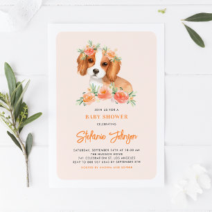 Cute King Charles Spaniel Peach Floral Baby Shower Invitation