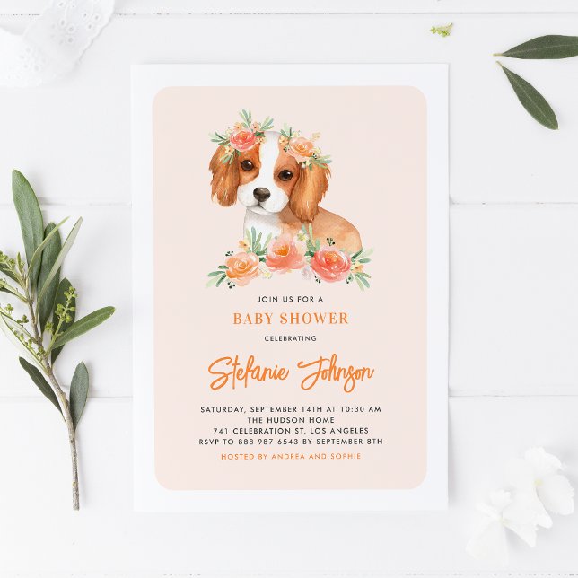 Cute King Charles Spaniel Peach Floral Baby Shower Invitation (Creator Uploaded)