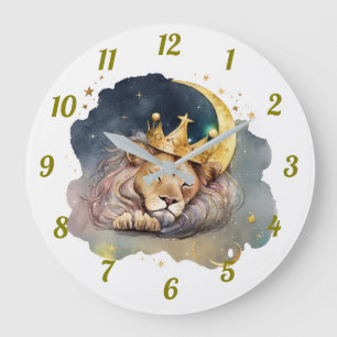 Cute king Lion Sleeping On The Moon Large Clock