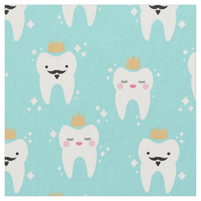 Cute King & Queen Tooth Pattern Turquoise Fabric (Close Up)