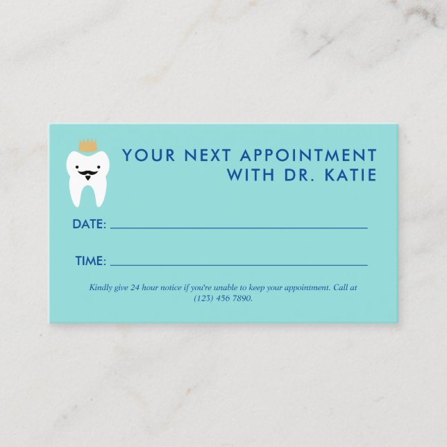 Cute King Tooth Paediatrics Dentist Appointment Card (Front)