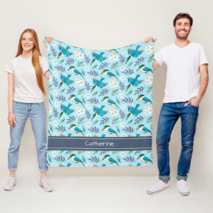 Cute Kingfisher Birds Floral Pattern Blue Name Fleece Blanket