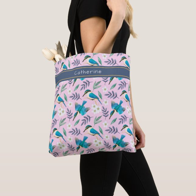 Cute Kingfisher Birds Floral Pattern Pink Name Tote Bag (Close Up)