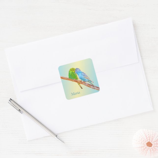Cute kissing budgies -acrylic on pastel backgroud  square sticker (Envelope)