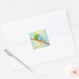 Cute kissing budgies -acrylic on pastel backgroud  square sticker