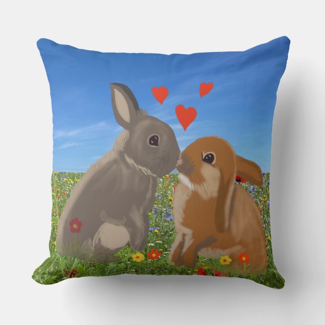 Cute Kissing Bunnies Valentines Cushion (Front)