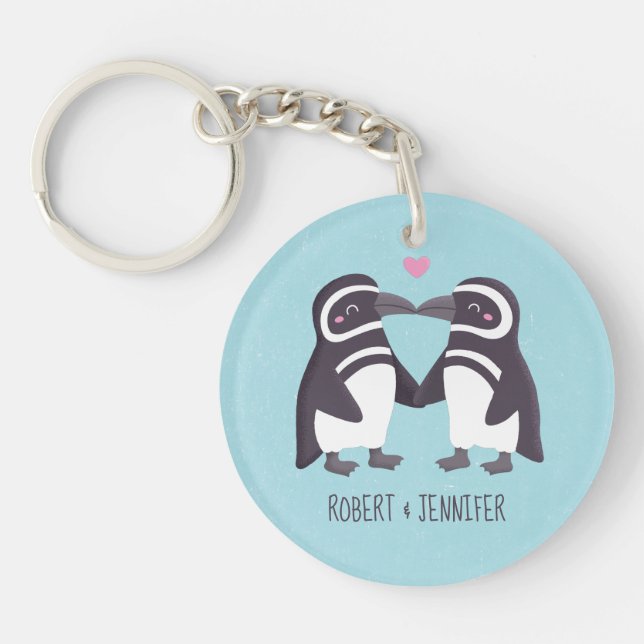 Cute Kissing Penguin Couple in Love Key Ring (Front)