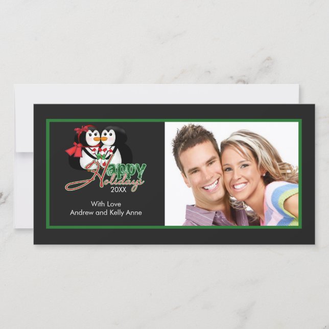 CUTE Kissing Penguins Merry Christmas Photo Card (Front)