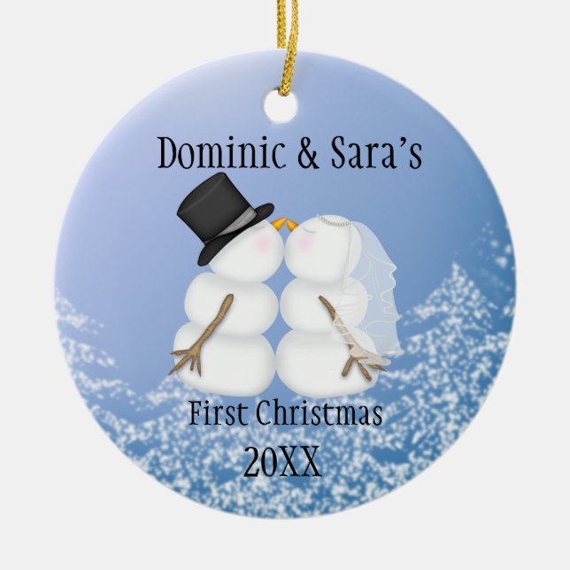 Cute Kissing Snowman First Christmas Ornament (Front)