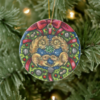 CUTE KISSING SQUIRRELS UNDER MISTLETOE, NUT WREATH CERAMIC ORNAMENT