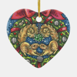 CUTE KISSING SQUIRRELS UNDER MISTLETOE, NUT WREATH CERAMIC ORNAMENT