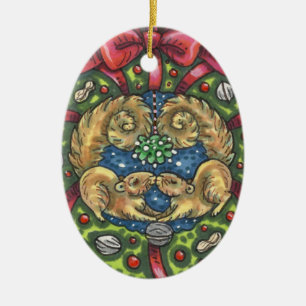 CUTE KISSING SQUIRRELS UNDER MISTLETOE, NUT WREATH CERAMIC ORNAMENT