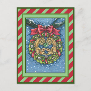 CUTE KISSING SQUIRRELS UNDER MISTLETOE, NUT WREATH HOLIDAY POSTCARD
