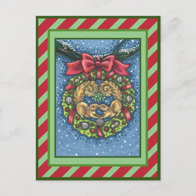 CUTE KISSING SQUIRRELS UNDER MISTLETOE, NUT WREATH HOLIDAY POSTCARD (Front)