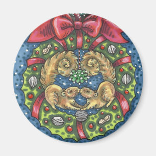CUTE KISSING SQUIRRELS UNDER MISTLETOE, NUT WREATH MAGNET