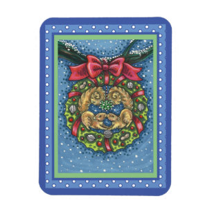 CUTE KISSING SQUIRRELS UNDER MISTLETOE, NUT WREATH MAGNET