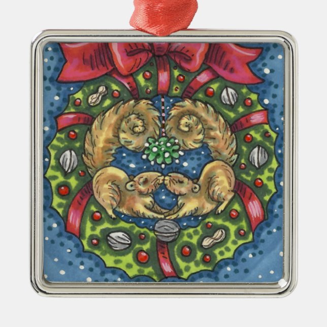 CUTE KISSING SQUIRRELS UNDER MISTLETOE, NUT WREATH METAL ORNAMENT (Front)