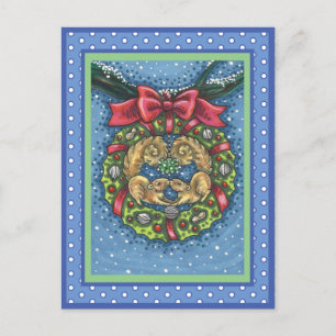 CUTE KISSING SQUIRRELS UNDER MISTLETOE, NUT WREATH POSTCARD