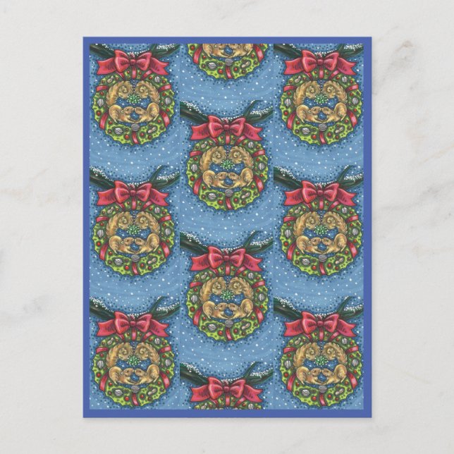 CUTE KISSING SQUIRRELS UNDER MISTLETOE, NUT WREATH POSTCARD (Front)