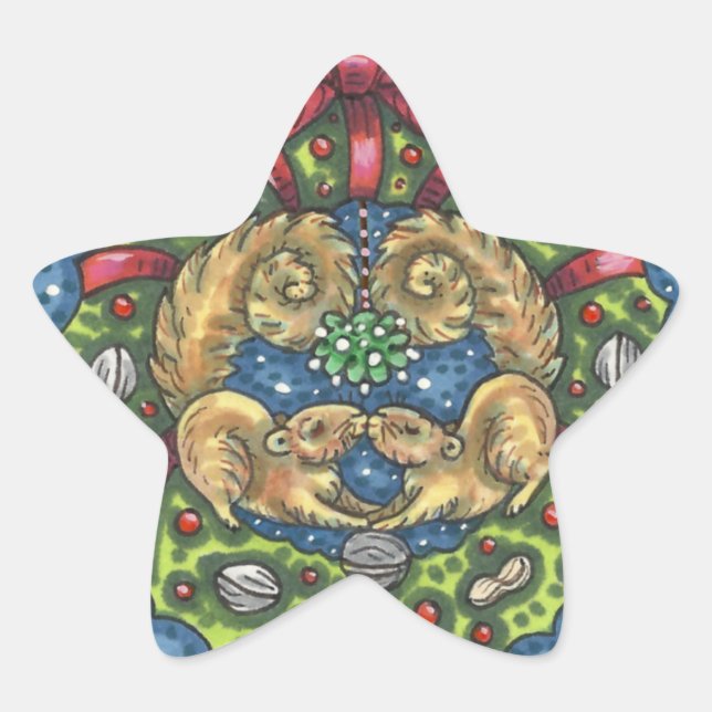 CUTE KISSING SQUIRRELS UNDER MISTLETOE, NUT WREATH STAR STICKER (Front)