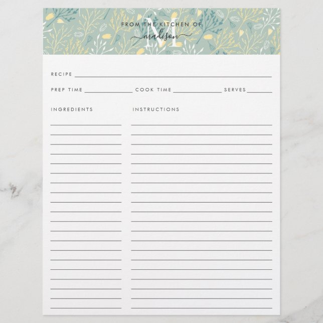Cute Kitchen Monogram Teal Floral Botanical Recipe (Front)
