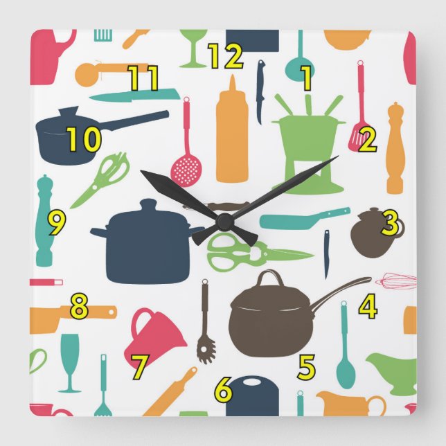 Cute Kitchen Tools Silhouette Illustration Square Wall Clock (Front)