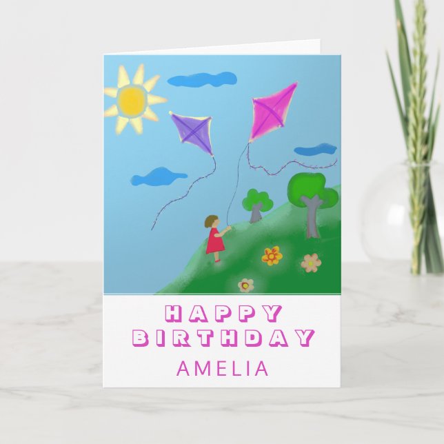 Cute Kites and Girl Drawing Happy Birthday Card (Front)