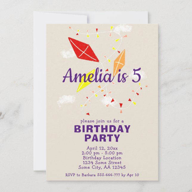 Cute Kites in Sky Drawing Kids Birthday Invitation (Front)
