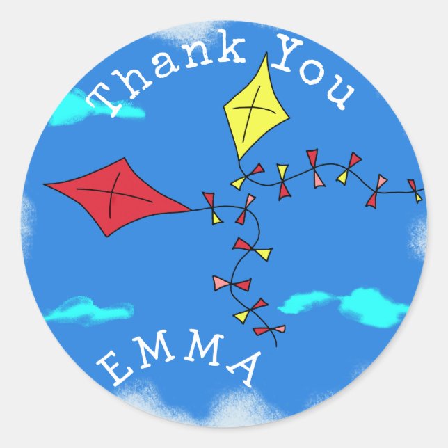 Cute Kites in the Sky Kids Thank You Name Classic Round Sticker (Front)