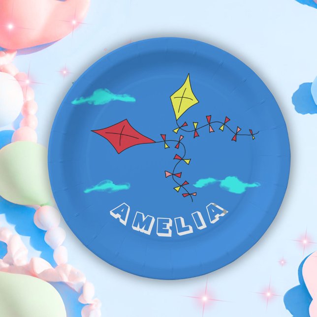 Cute Kites Red Yellow Name Kids Birthday Party Paper Plate (Creator Uploaded)