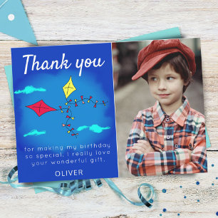 Cute Kites Red Yellow Name Kids Birthday Photo Thank You Card