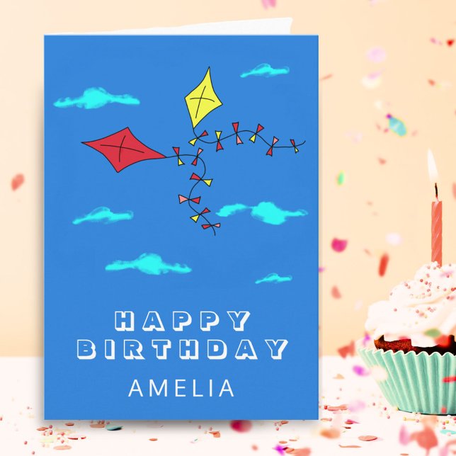 Cute Kites Red Yellow with Name Kids Birthday Card (Creator Uploaded)