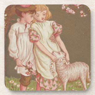 Cute Kitschy Vintage Valentine, Children with Lamb Coaster