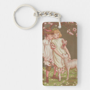 Cute Kitschy Vintage Valentine, Children with Lamb Key Ring