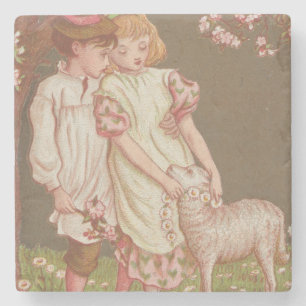 Cute Kitschy Vintage Valentine, Children with Lamb Stone Coaster