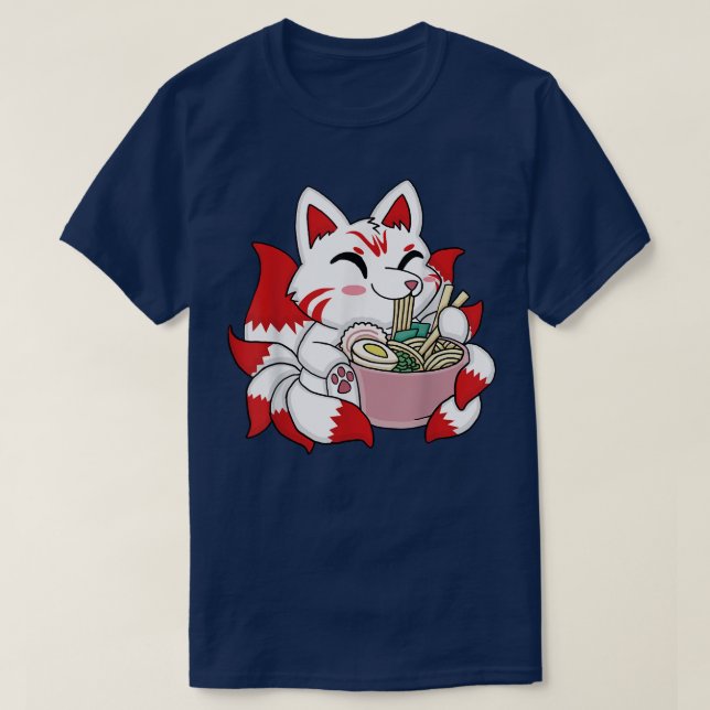 Cute Kitsune Ramen Bowl Japanese Noodle Kawaii Ani T-Shirt (Design Front)