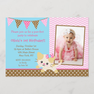 Cute Kitte Cat 1st Birthday Invitations