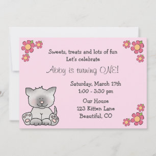 Cute Kitten 1st Birthday Invitation for Girls