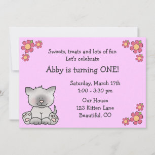 Cute Kitten 1st Birthday Invitation for Girls