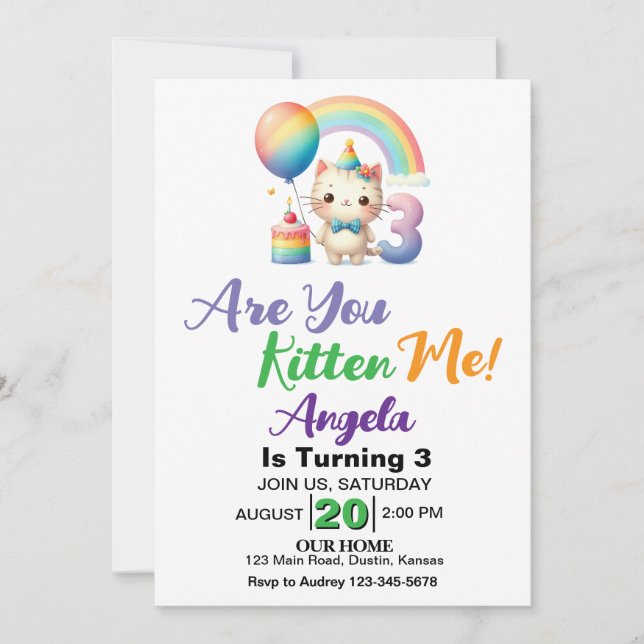Cute Kitten 3rd Birthday Party Invitation (Front)