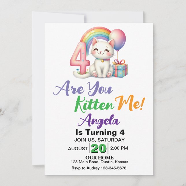 Cute Kitten 4th Birthday Party Invitation (Front)