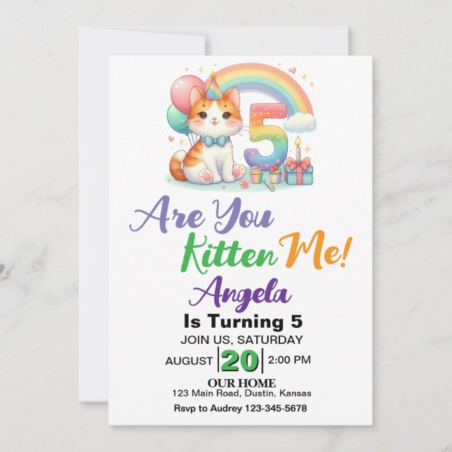 Cute Kitten 5th Birthday Party Invitation (Front)