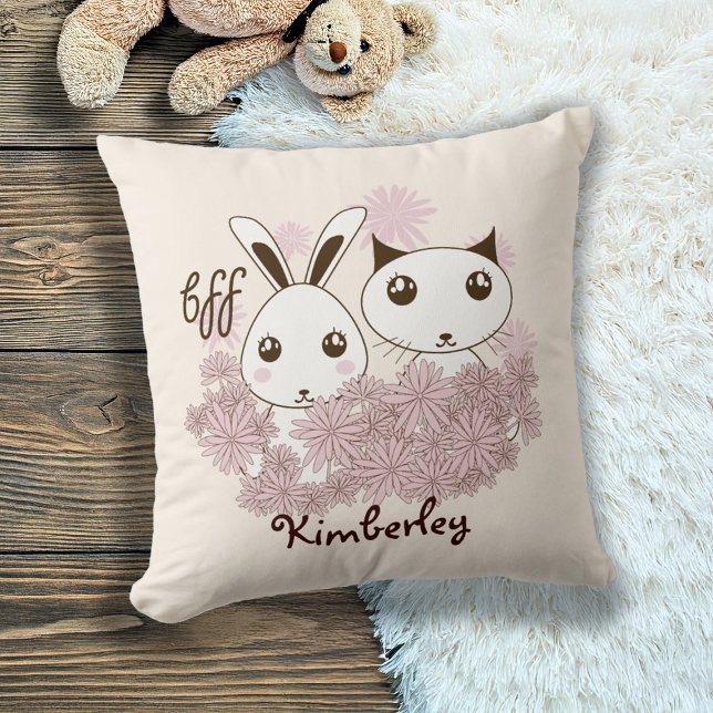 Cute Kitten and Bunny Animal Friends Girls Kids Cushion (Creator Uploaded)