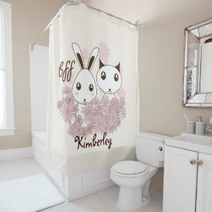 Cute Kitten and Bunny Animal Friends Kids Girl Shower Curtain