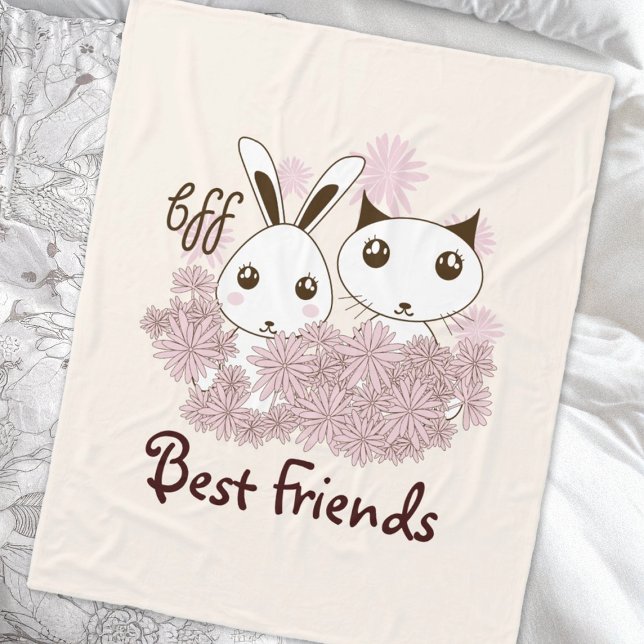 Cute Kitten and Bunny Animal Friends Kids Girls Fleece Blanket (Creator Uploaded)