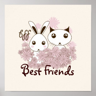 Cute Kitten and Bunny Animal Friends Kids Poster